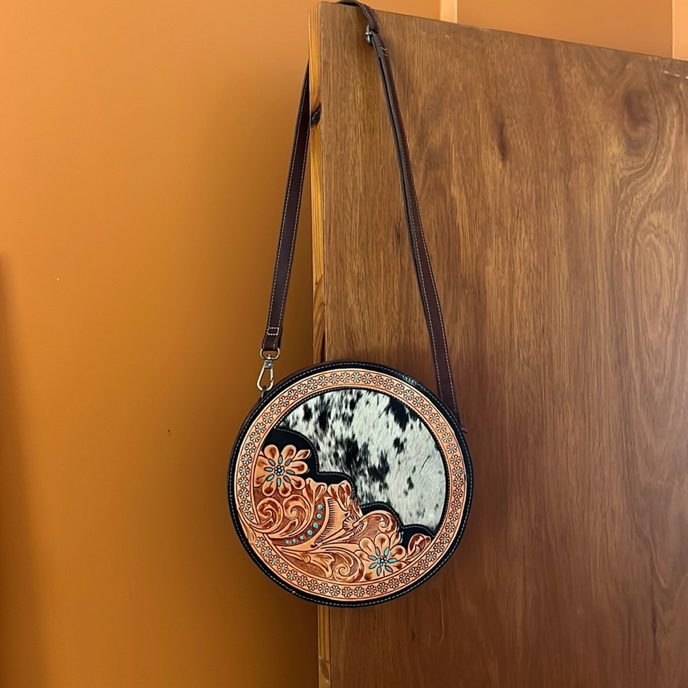 Myra Bag Hair on and Tooled Leather round Bag